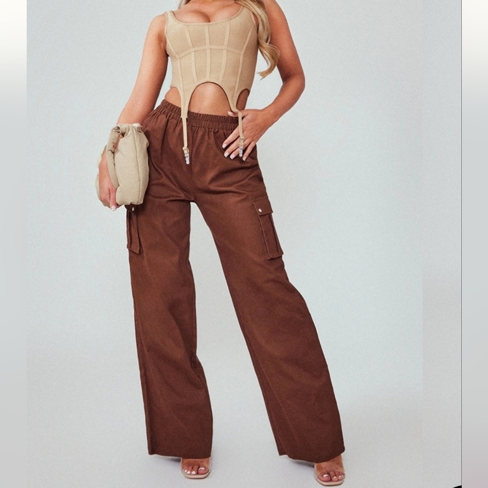Pretty Little Thing Women's Wide Leg Cargo Pants, Sz 2, Brown Y2k Inspired Fall